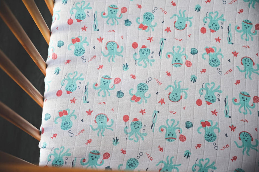 Kaarpas Premium Organic Cotton Muslin Fitted Cot Crib Sheet with Aqua Theme of Octopus(Size : 132 x 68 x 20 cm)