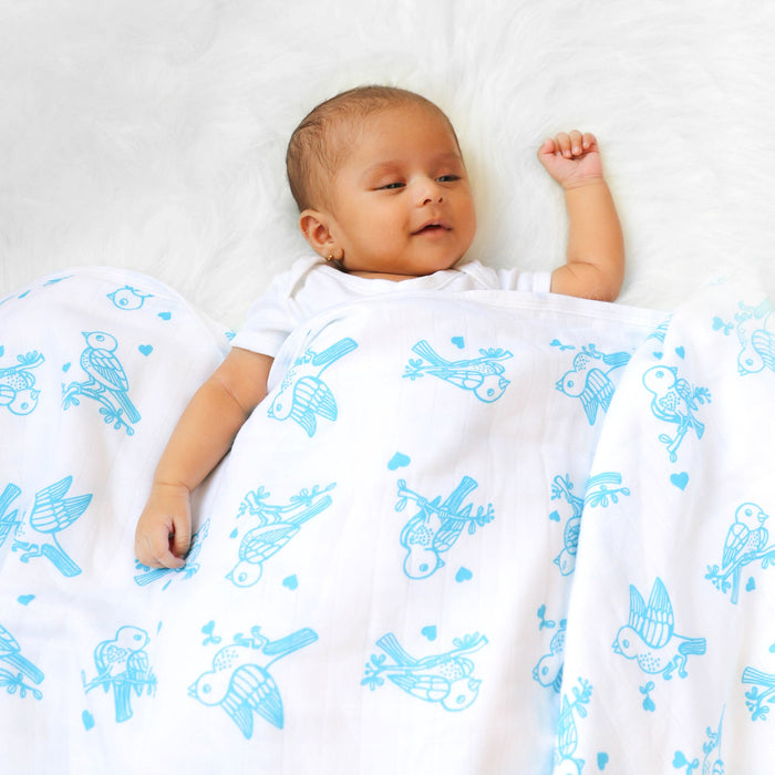 Kaarpas Premium Organic Cotton Muslin 3 Layered Quilt Blanket with Animal Theme of Sprarrow, (Large : 120x120 CM)