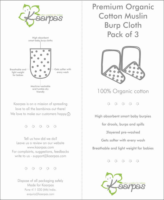 Kaarpas Premium Organic Cotton Muslin Baby Burp/Wash Cloth with Charming Pattern Theme,  Pack Of 3