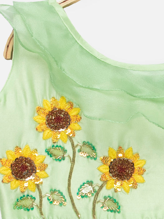 Sunflower one shouldered Green Top with tiered Lehenga