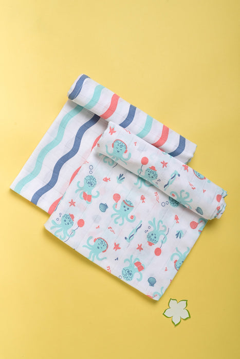 Kaarpas Premium Organic Muslin Baby Wrap Swaddle With Aqua Theme Of Octopus and waves, Multicolor (Size : 92cm X 92cm), PACK OF 2