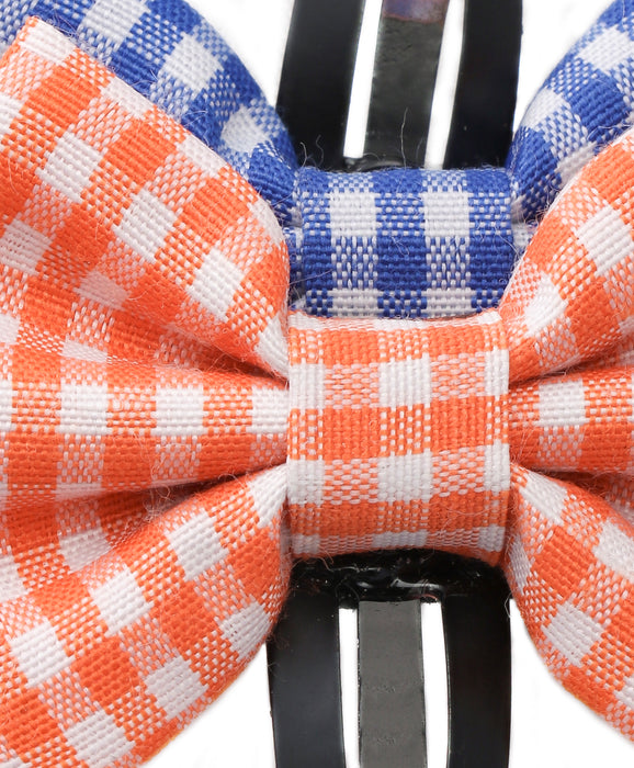 Checkered Bow Hair Clip Set - Blue & Orange