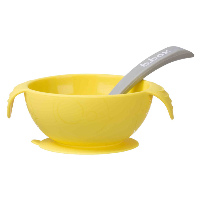 b.box Silione First Feeding Bowl Set with Spoon - Lemon Sherbet Yellow Grey