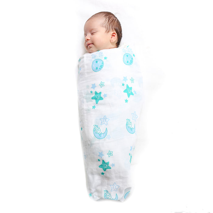 Kaarpas premium Organic Cotton Muslin Baby Wrap Swaddle With Sky Theme of Moon and Parachute, Pack of 2, (Large 120x120 CM)