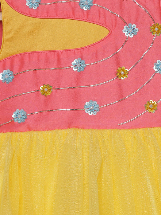 Pink yellow tulle gown with sequins work along dupatta