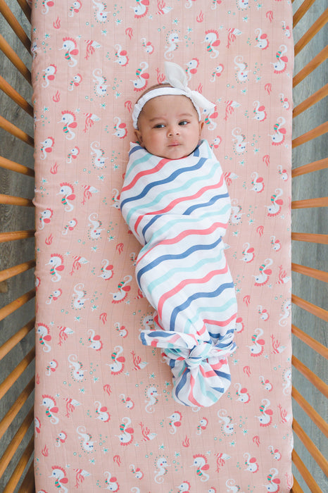 Kaarpas Premium Organic Muslin Baby Wrap Swaddle With Aqua Theme Of Waves, Multicolor (Size : 92cm X 92cm )