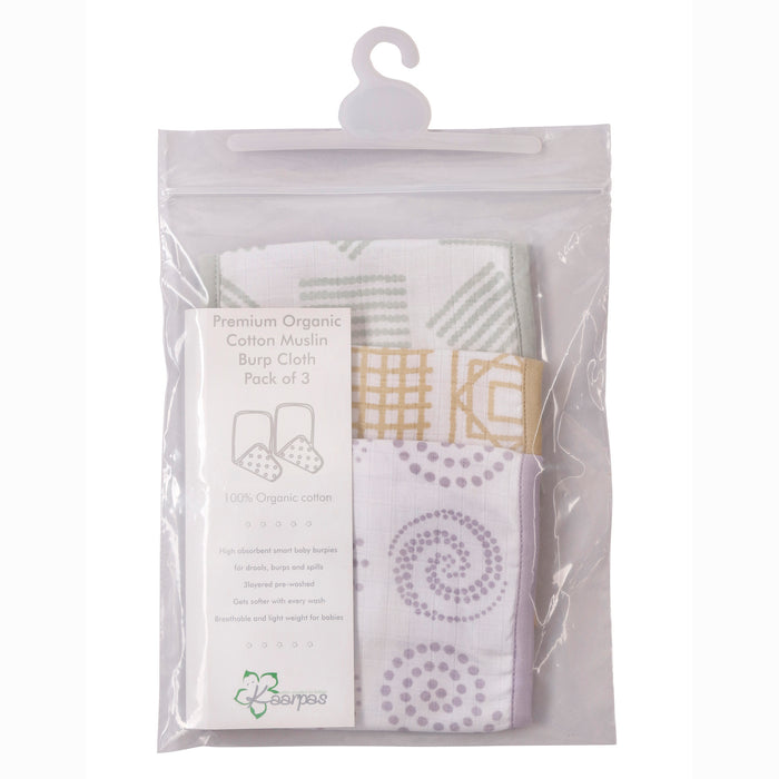 Kaarpas Premium Organic Cotton Muslin Baby Burp/Wash Cloth with Charming Pattern Theme,  Pack Of 3