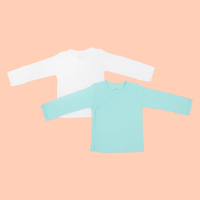Kaarpas Premium Organic Cotton Front Open Side Snap Long | Full Sleeves T-Shirt | Jhabla, White & Turquoise, pack of 2