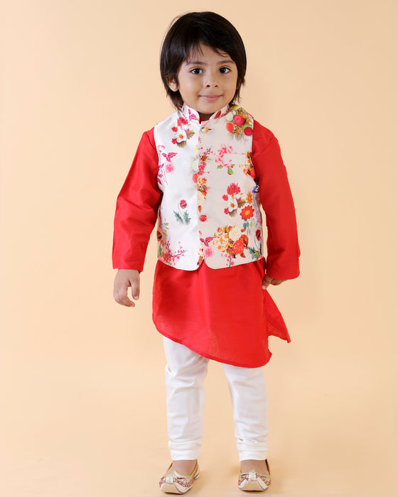 Floral Print Jacket With Orange Kurta Set | Ethnic Wear For Boys