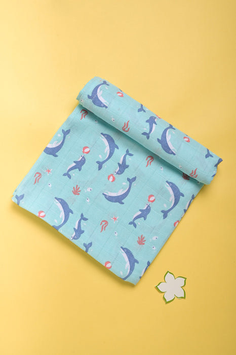 Kaarpas Premium Organic Muslin Baby Wrap Swaddle With Aqua Theme Of Dolphin, Grey (Size : 120cm X 120cm )
