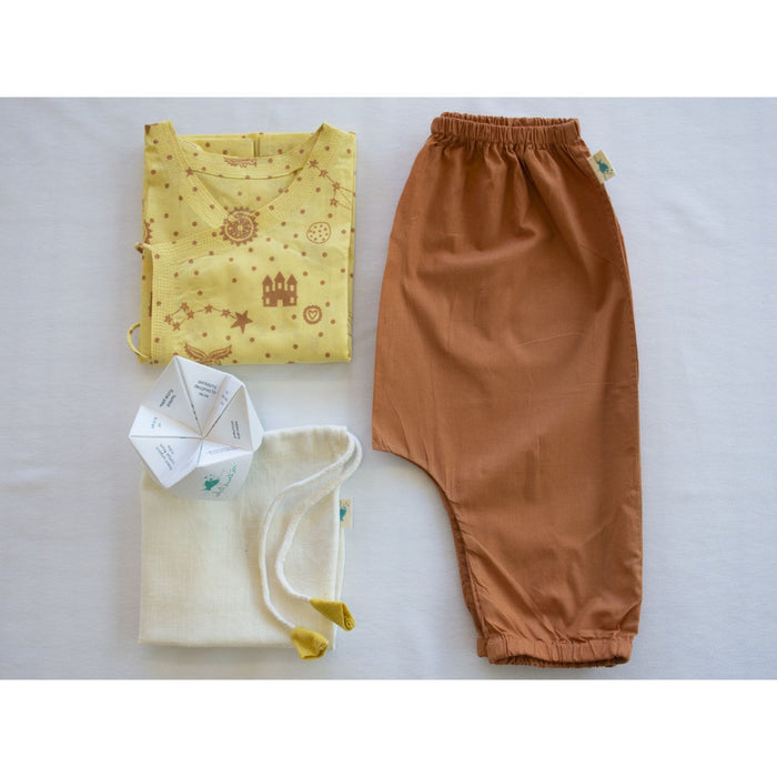 Unisex Organic Dhruvtara Print Angarakha Top With Natural Dyed Orange Pants