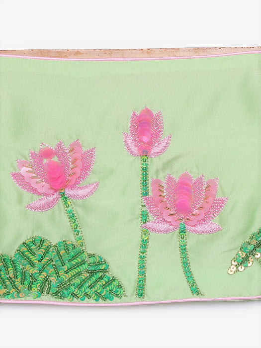 Green Lotus Choli and tiered lehenga with pink dupatta