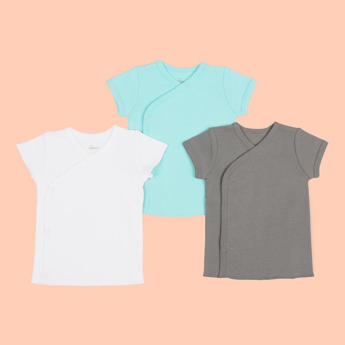 Kaarpas Premium Organic Cotton Front open Side snap Half | Short sleeves T-Shirt | Jhabla, Pack of 3, White, Grey & Turquoise