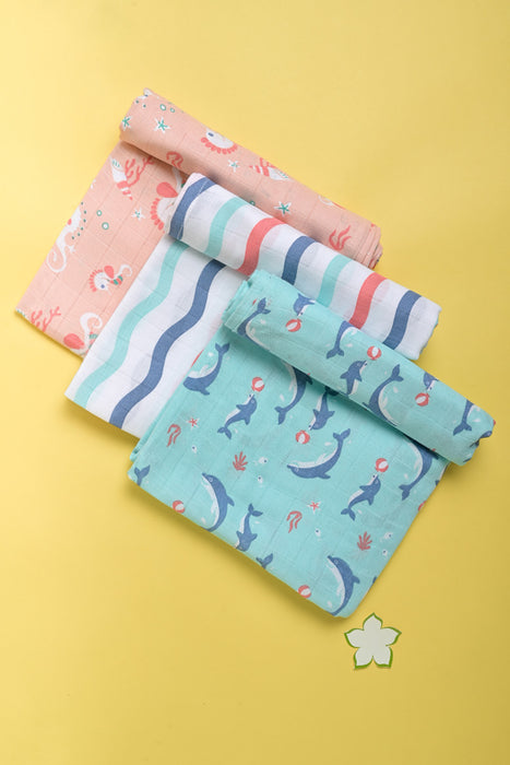 Kaarpas Premium Organic Muslin Baby Wrap Swaddle With Aqua Theme Of Sea-horse, Dolphin and Waves (Size : 120cm X 120cm ), PACK OF 3