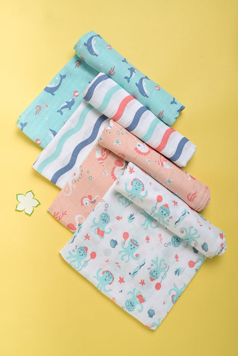 Kaarpas Premium Organic Muslin Baby Wrap Swaddle With Aqua Theme Of Octopus, Sea-horse, Dolphin and Waves (Size : 120cm X 120cm ), PACK OF 4