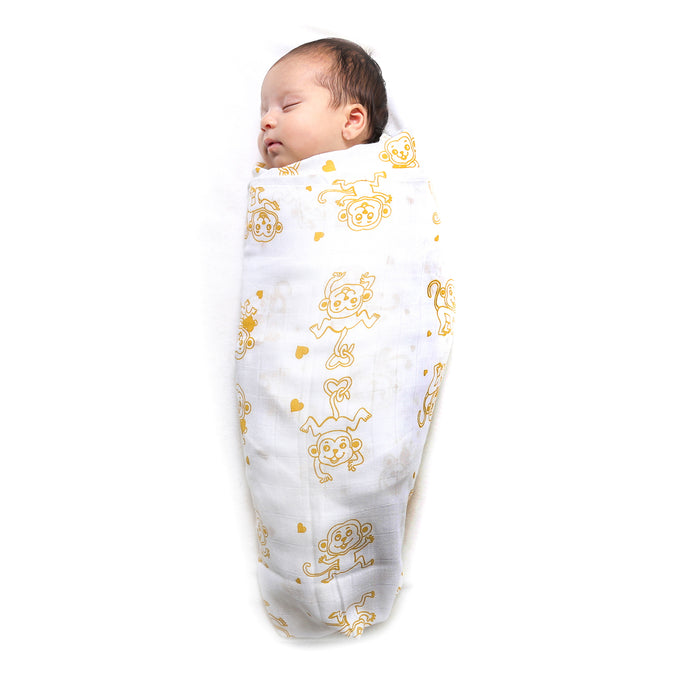 Kaarpas premium Organic Cotton Muslin Baby Wrap Swaddle With Animal Theme of Monkey and Sparrow, Pack of 2, (Large 120x120 CM)