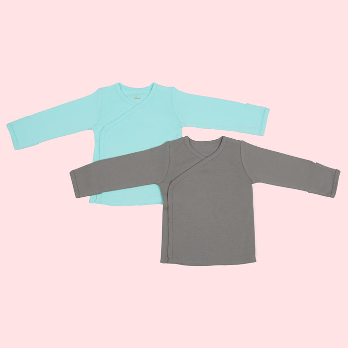 Kaarpas Premium Organic Cotton Front Open Side Snap Long | Full Sleeves T-Shirt | Jhabla, Grey & Turquoise, pack of 2