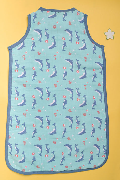 Kaarpas Premium Organic Cotton 2- Layer Muslin Baby Sleeping Bag with Aqua Theme of Dolphin, (Grey)