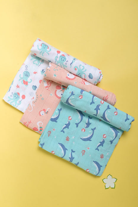 Kaarpas Premium Organic Muslin Baby Wrap Swaddle With Aqua Theme Of Octopus, Sea-horse and Dolphin (Size : 92cm X 92cm ), PACK OF 3