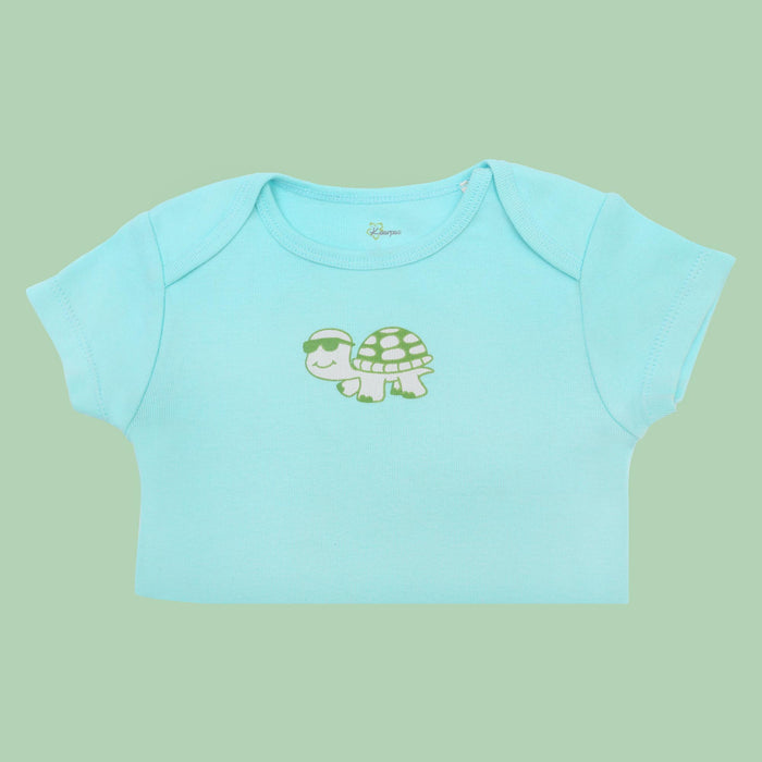 Kaarpas Organic Cotton Baby 2-Piece Hare and Tortoise print Onesie/Bodysuit Pant Set - (Blue & green)