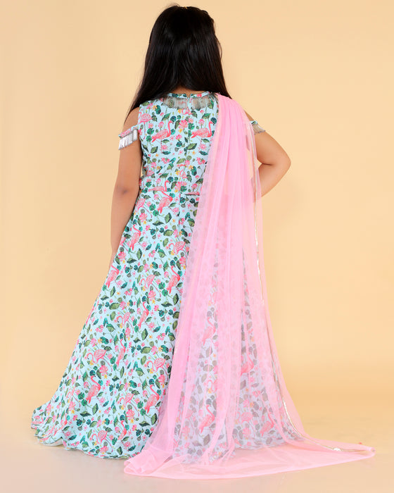 Floral Print Gown With Pink Drape Dupatta