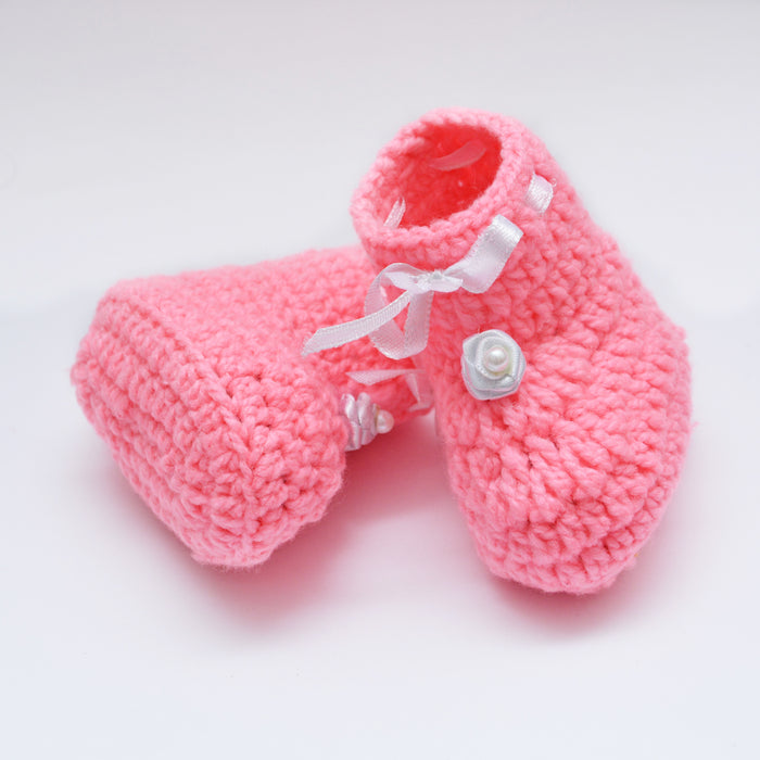 Crochet Baby Booties Woolen Booties-Baby Pink-2