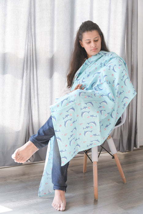 Kaarpas Premium Organic Muslin Baby Wrap Swaddle With Aqua Theme Of sea-hourse and Dolphin Peach, Grey (Size : 92cm X 92cm ), PACK OF 2