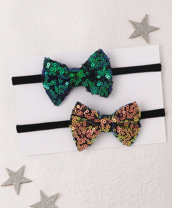 Sequinned Party Bow Headband Set- Peacock & Bronze