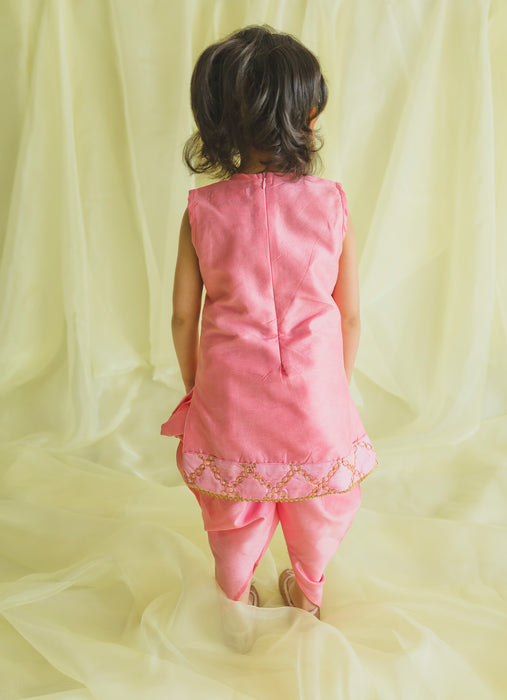 Baby Pink dhoti kurta with Emberoidery  on yoke and border and a dupatta