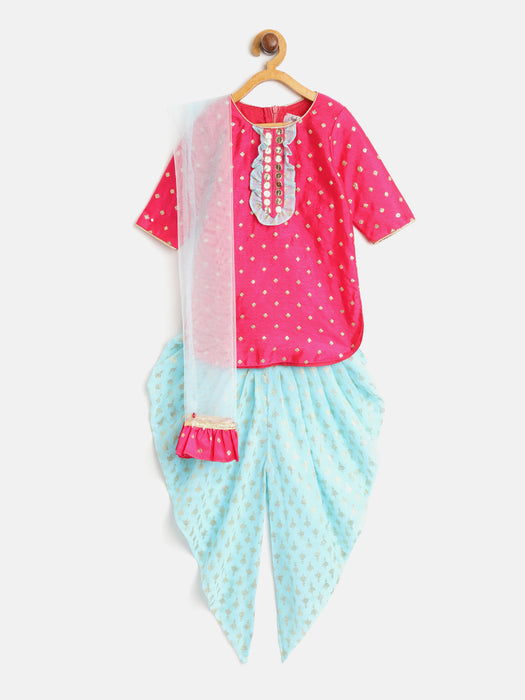 Fuchsia kurta with lace work and foil printed dhoti with dupatta