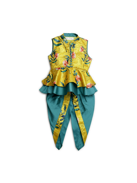 Yellow jaquard peplum with double frills and turquoise dhoti