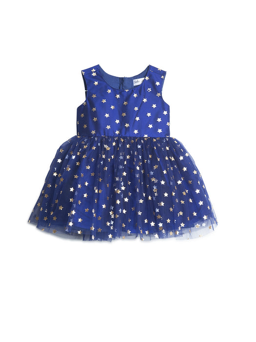Star printed blue fit and flare party dress