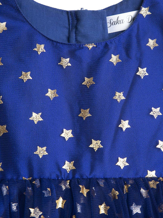Star printed blue fit and flare party dress
