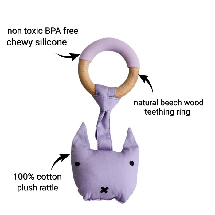 Little Rawr Wood Plush Rattle Teether Toy- Kitty