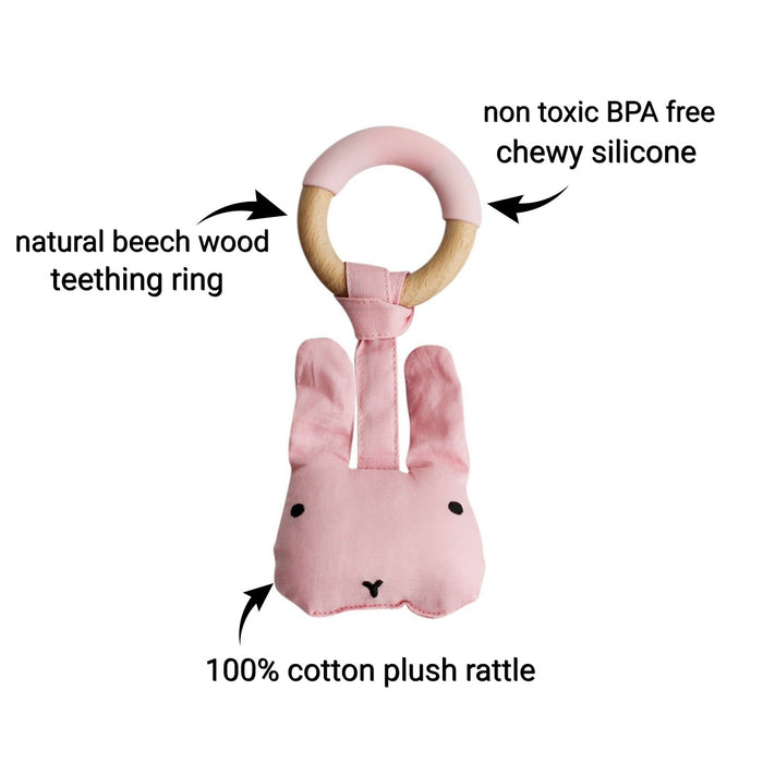 Little Rawr Wood Plush Rattle Teether Toy- RABBIT