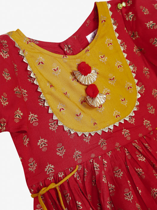 Red Jhabla with Mustard dhoti with POM POM and tassels