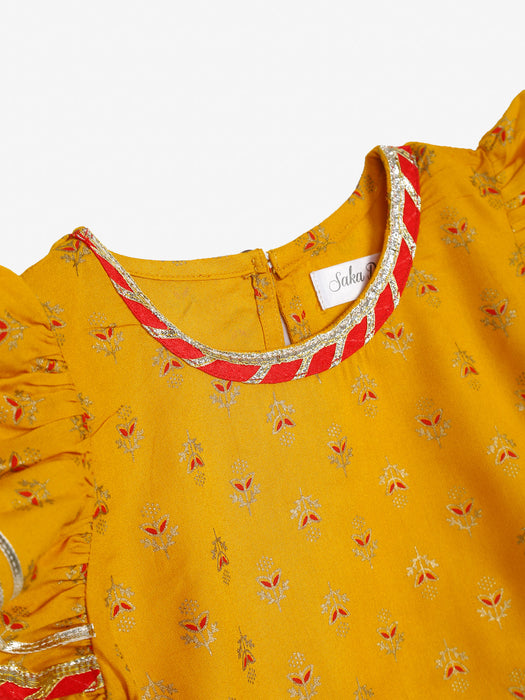 Mustard sharara top with lace detailing and tassels at waist