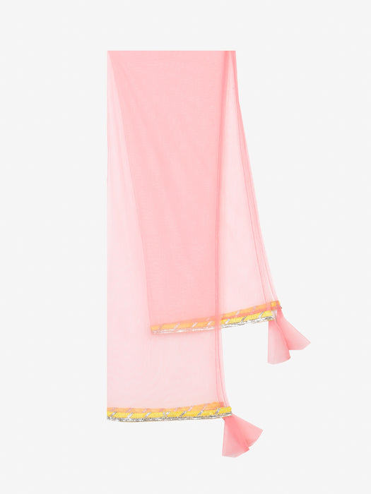 Floral  blue kurta with tassels and lace detailing with pink tierd cotton sharara