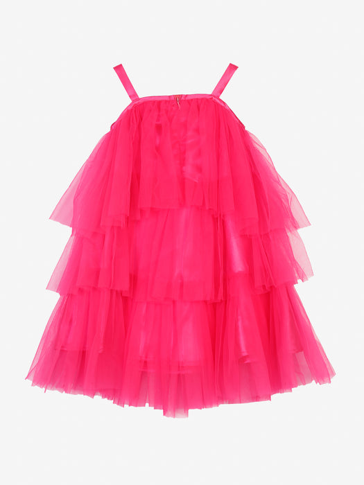 Magenta ruffled party dress with peach flowers