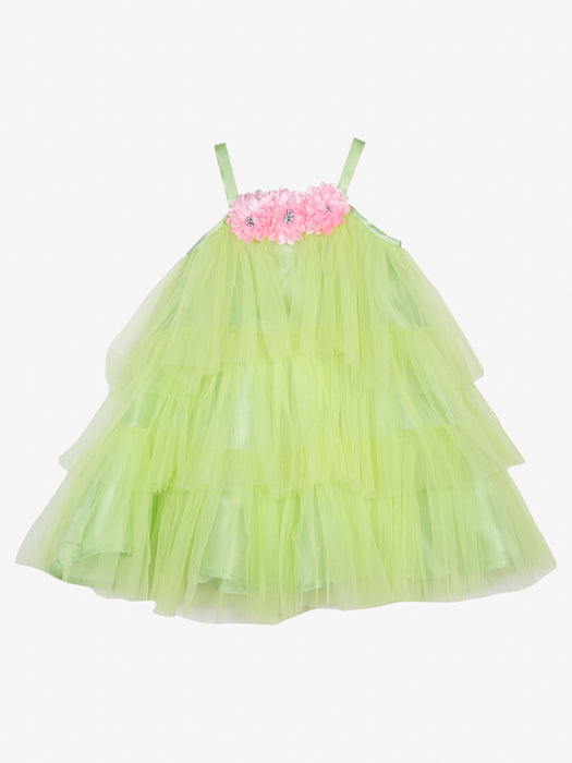 Green ruffled party dress with pink flowers