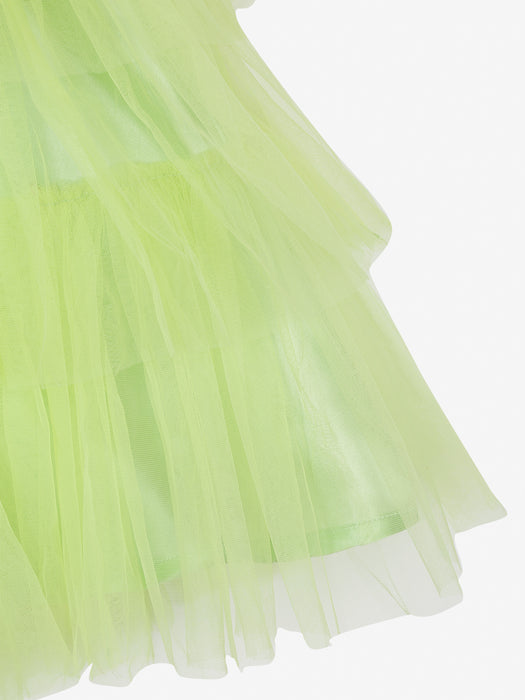 Green ruffled party dress with pink flowers