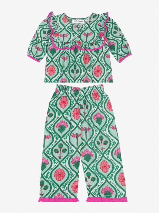 Pure cotton teal green and magenta floral night suit for kids