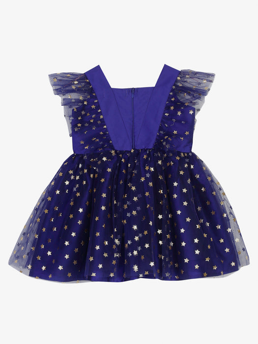 Star printed blue fit and flare party dress with fringes on the shoulder