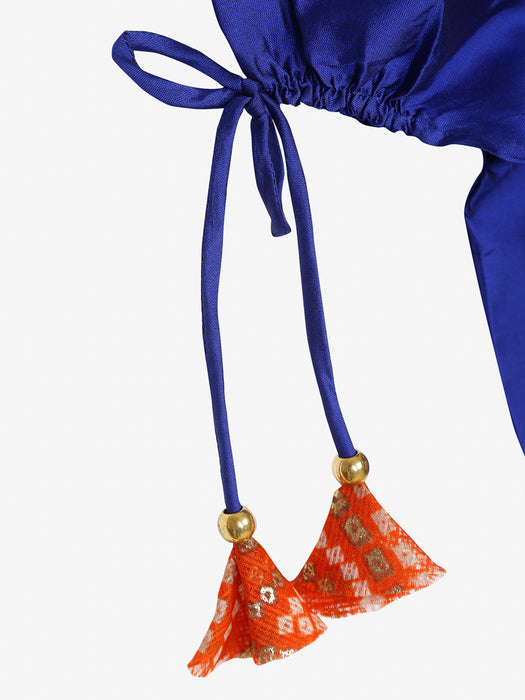Bandhani orange lehenga and hand emberoidered blue choli with gota work