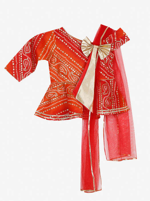 Bandhani peplum in red with cotton dhoti and stylish dupatta tie up