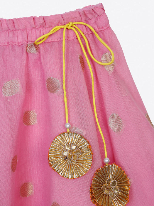Pink Poly Chanderi Lehenga set with lime yellow detailing