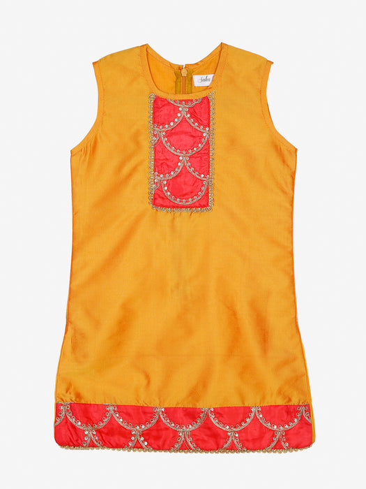 Mustard Red Dhoti Kurta with Emberoidery on yoke and border