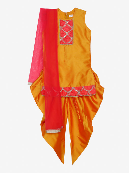 Mustard Red Dhoti Kurta with Emberoidery on yoke and border