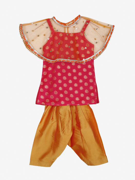 Red Jaquard kurta with sequenced cape and orange salwar