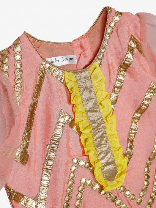 Embellished kurta in baby pink and lemon yellow dhoti